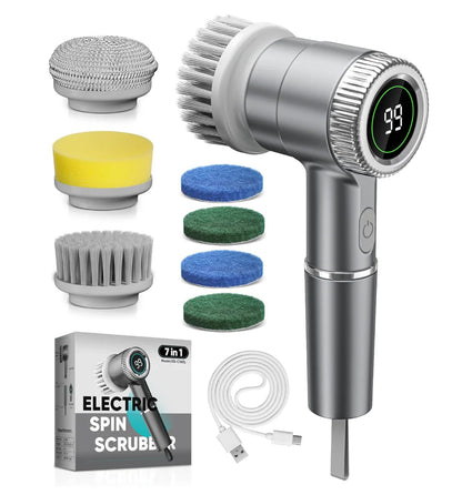 Cordless 3-Speed Electric Spin Scrubber with LED Display and 7 Brush Heads