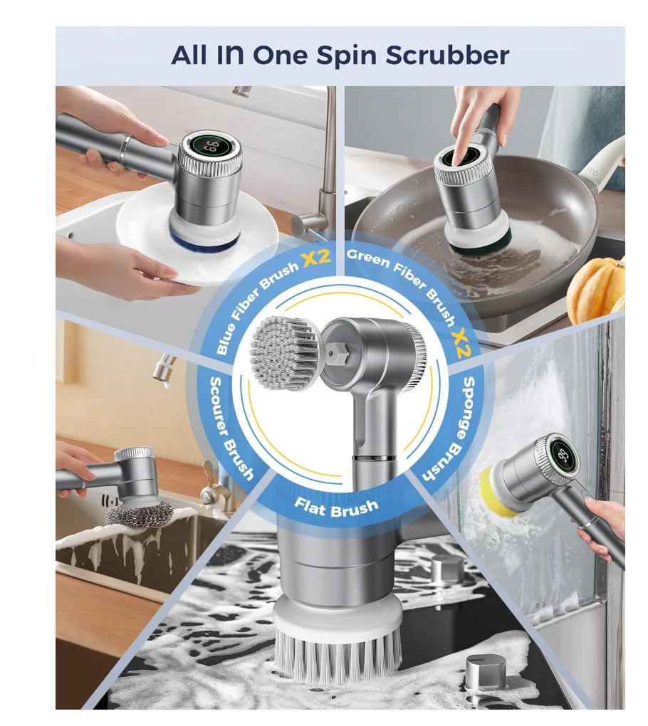 Cordless 3-Speed Electric Spin Scrubber with LED Display and 7 Brush Heads